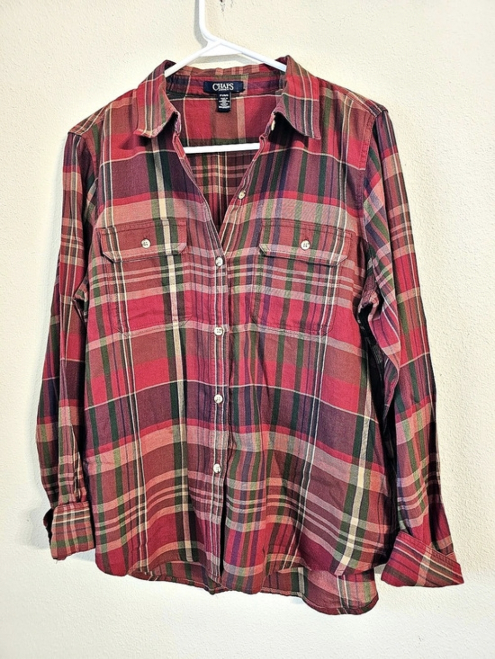 Chaps Plaid Button Down Shirt Red & Green Size Petite Large